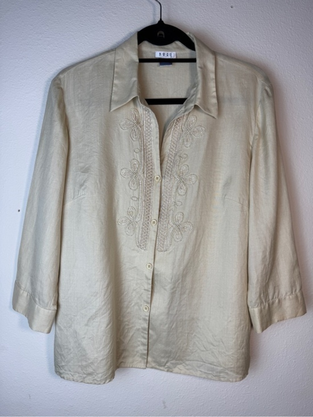 Betu Silk Linen Blouse 12 Beige Embroidered Beaded Button Up Shirt 3/4 Sleeve